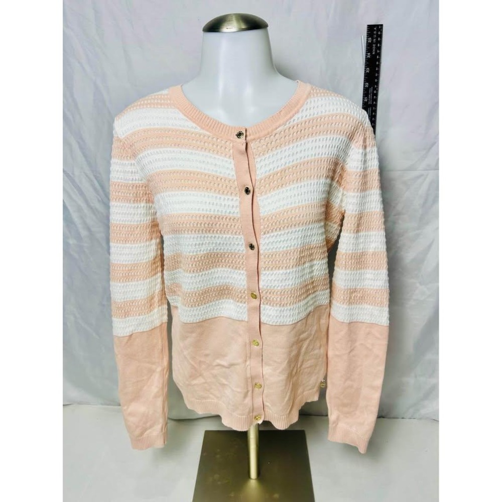 Calvin Klein ~ Women Striped Button Front Cardigan ~ Peach & White ~ Size Small - Picture 1 of 10